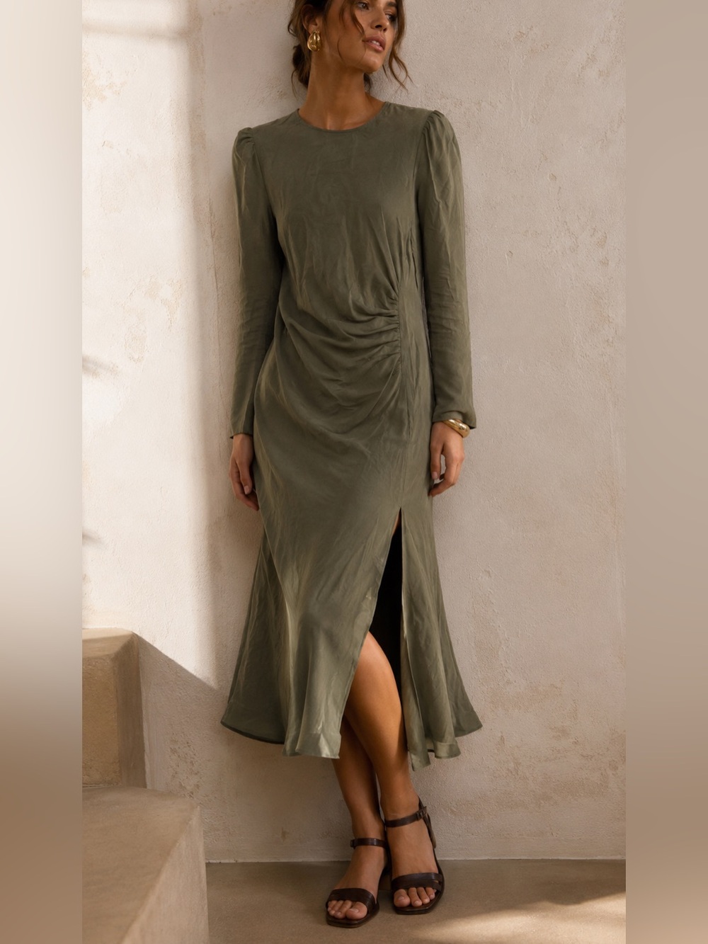 NWT Self-Contrast Long-Sleeve Olive Midi Dress w Side Slit (sold @ Anthropology)
